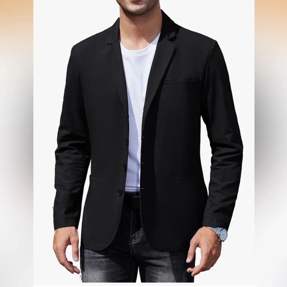 NWT Men's Casual Coat Lightweight Linen Blazer Regular Fit Sports Coat Black L